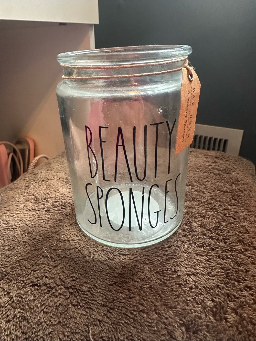 Rae Dunn Clear Glass 'Beauty Sponges' Jar with Tan Tag